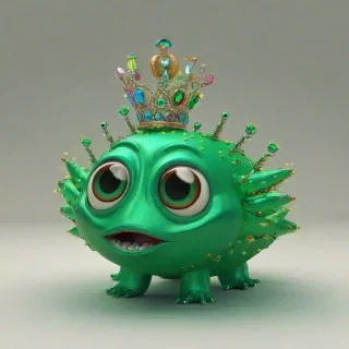 3d animated emerald colored, small eye, large mouth creature, wearing a crown, vivid colors, bright lighting, mystical appearance, with a happy expression on its face,, on a plain white background, even lighting