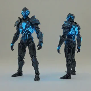 D & D style a terrifying, horror fantasy knight, dark colored armor with a plastic like sheen to it, with neon blue glowing lights, eyes that glow blue,  set against a plain white background, in a wide shot with its full body visible, including its feet, with bold lines, and vibrant, with bright lighting, on a plain white background, even lighting