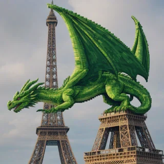 Pixel art, Large green dragon on the Eiffel tower