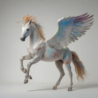 A highly detailed Pegasus in the style of the impressionists, with a full-body view and a wide shot, set against a plain white background, with soft, feathery brushstrokes and vivid, shimmering colors, with the Pegasus's wings spread wide and its mane flowing in the wind, on a plain white background, even lighting 