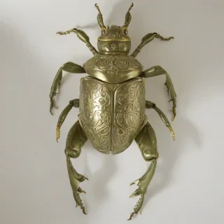 A detailed, full-body view of an insect, specifically a beetle, with an olive green exoskeleton, in a Baroque style, with intricate patterns and details, on a plain white background, with soft, golden lighting and a shallow depth of field, emphasizing the beetle's textures and colors, on a plain white background, even lighting 