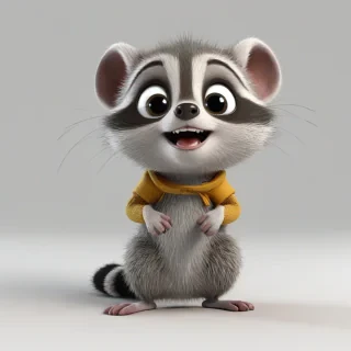 3d cartoon animation, one animal that has a mix of a baby mouse and a baby raccoon, bright and vivid colors, large eyes, short body, round features, tiny nose, tiny feet, cute, happy expression on its face, only one in the shot, full body visible, on a plain white background, even lighting