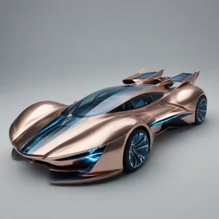 A full-body view of a sleek, futuristic transportation device named Rose, with a metallic rose-gold finish, gull-wing doors, and a glowing blue stripe running along its side, set against a plain white background, in the style of Renaissance-era illustrations, with intricate details and subtle shading, wide shot, with the device's wheels and propulsion system visible, and a sense of dynamic movement, as if it is about to take off, on a plain white background, even lighting