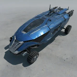 a full-body view of a futuristic, sapphire-colored, post-apocalyptic transportation device, with a wide shot, on a plain white background, in a digital art style, with dynamic shadows and a hard rim light, with the device's sleek and rugged design visible, and the surrounding environment desolate and barren, on a plain white background, even lighting