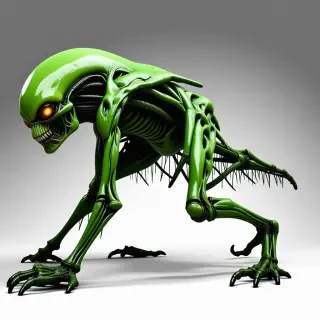 A green alien zombie with a cannon shot through its torso, full-body view, wide shot, on a plain white background, with dynamic shadows and a backlight, digital art style, high detail, intricate textures, and a focus on the zombie's gruesome yet fascinating appearance, with the cannon shot creating a hole through its torso and visible internal organs