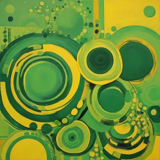 Abstract art with large circles, organic shapes, and squares, featuring bold gradient colors of yellow and green
