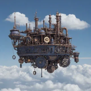 A majestic, isolated, floating island with a predominantly indigo color scheme, adorned with intricate steampunk machinery, gears, and copper pipes, set against a clear blue sky with a few puffy white clouds, in a wide shot with the entire island visible, on a plain white background