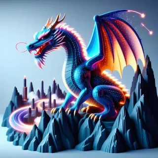 a futuristic, neon-lit, cyberpunk-inspired dragon, with intricate scales, glowing blue circuits, and wings that appear to be made of a mesmerizing, swirling vortex of code. The dragon should be perched atop a stylized, metallic mountain range, with a cityscape in the background. The model should have a mix of sharp, geometric lines and smooth, curved surfaces, with a color palette that includes shades of purple, blue, and pink. The overall design should be sleek, futuristic, and visually striking.