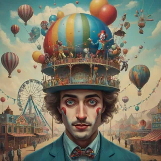 A man with a vibrant, dreamlike circus scene inside his face, complete with a miniature Ferris wheel, a clown, and a hot air balloon, all in a surrealist style.