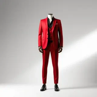 A detailed, high-fashion, red suit with a black shirt underneath, on a realistic mannequin, in a wide shot, with a plain white background, and dynamic shadows, in a photography style