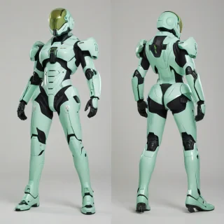 A full-body view of a sleek, mint green mech suit, with a modernist design, featuring clean lines, geometric shapes, and a metallic sheen, set against a plain white background, with the mech suit's feet visible, in a wide shot, with a subtle gradient of light to dark mint green hues, and a sense of dynamic movement, as if the mech suit is about to spring into action, on a plain white background, even lighting 