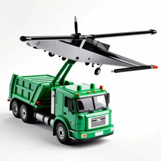 toy green trash truck with front lifting arms and cessna wing on top