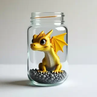 A cute tiny yellow wyvern stuck inside a clear jar.
