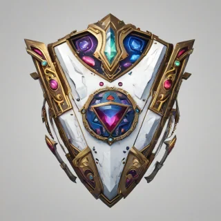 A stylized, chunky galaxy shield with embedded jewels, designed as a fun video game asset, featuring a wide shot with the chest's intricate details and colorful jewels on a plain white background, with a dramatic, muted lighting effect to accentuate its textures and vibrant colors, in a darker, ominous tone, with a masculine aesthetic, angular lines, and bold shapes.