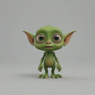 3d cartoon animation, cute baby goblin, big eyes, rounded features, short body, tiny nose, tiny feet, vivid colors, wide angle shot, feet visible,, on a plain white background, even lighting