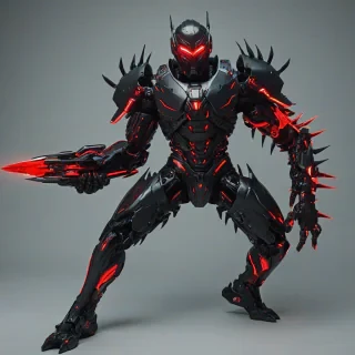 Cybernetic armored humanoid warrior, muscular build, aggressive stance, black and dark steel exoskeleton, luminous red highlights, glowing accents, futuristic helmet, sharp angles, glowing eyes, mechanical wings, spiked, articulated