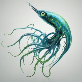 A detailed, full-body view of an alien parasite, Azure, with iridescent blue and green skin, long, slender tendrils, and large, black eyes, on a plain white background, in a digital art style with high contrast and dynamic shadows, with a wide-angle shot and a slight fish-eye lens effect, on a plain white background, even lighting 