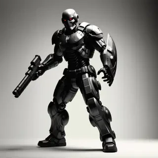 Doom guy in a dynamic combat pose with a sturdy shield attached to his forearm and a powerful shotgun in his opposite hand, matte gray plastic texture, full-body view, wide shot, feet visible, softbox lighting with subtle shadows, high-contrast colors, digital art style with bold lines and vibrant details, slight overcast, warm sunlight filtering through the scene