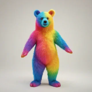 A full-body view of a rainbow bear, with a fluffy and soft texture, standing on a plain white background, with a bright and colorful rainbow aura surrounding its body, in a digital art style with bold lines and vibrant colors, with a wide-angle shot and a bird's eye view perspective, and dynamic shadows to give it a sense of depth and dimension