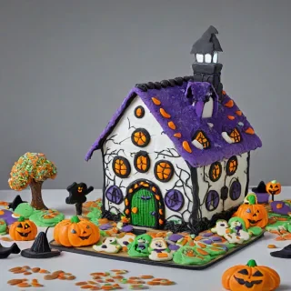 Halloween decorated cookie house, on a plain white background, even lighting