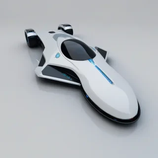 A sleek, futuristic transportation device, Slate, with a metallic industrial design, glistening under a soft, white light, in a wide shot, with the entire device visible, including wheels and control panel, on a plain white background, with subtle shadows and reflections, in a digital art style, with clean lines and minimal textures, on a plain white background, even lighting
