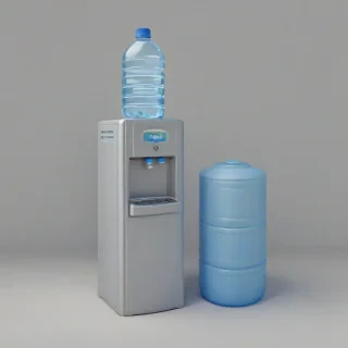 3d cartoon animation of a water cooler with the 5 gallon bottle of water on top, on a plain white background, even lighting