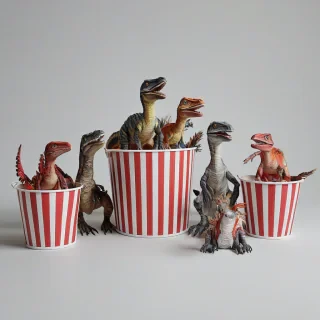 A paper bucket with vertical red and white stripes, containing a group of velociraptor dinosaurs with vibrant, colorful feathers, sitting inside it., on a plain white background, even lighting
