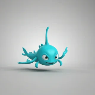 A cartoon, cyan, underwater creature, full-body view, on a plain white background, with a wide shot, and dynamic shadows, in the style of a digital illustration