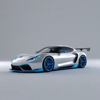 A sleek, silver sports car with glowing blue headlights and a spoiler, in a wide shot with the entire car visible, including wheels and exhaust pipes, on a plain white background, in a digital art style with bold lines and vibrant colors