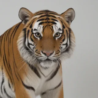a tiger's head on a plain white background, with even lighting and the body visible from the shoulders down to the paws