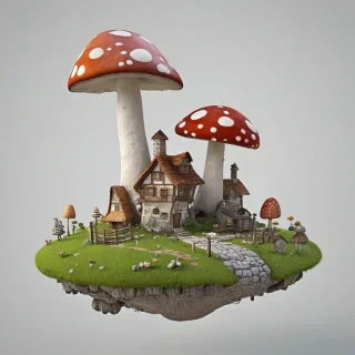 3d cartoon animation style, floating mushroom  with a village built on the top of the mushroom, no background, full body visible, bright lighting, on a plain white background, even lighting
