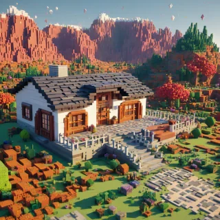 A voxel style house, full-body view, with a wide shot, featuring a small entrance, a cozy interior, and a landscape of blocky, pixelated mountains in the background, on a plain white background, with warm lighting and vibrant colors, in a voxel art style, on a plain white background, even lighting