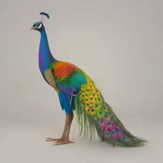 A colorful rainbow peacock in a full-body view, with vibrant feathers and a large tail with every part of it's body full of rainbow colors, standing on a plain white background, with a wide-angle shot and soft natural lighting, in a digital art style with bold lines and bright colors