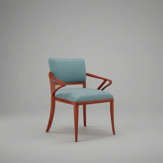 A sleek, modern chair with a wooden frame and cushioned seat, placed in the center of a plain white background, full-body view, wide shot, with feet visible, in a digital art style with vibrant colors and dynamic shadows, on a plain white background, even lighting 