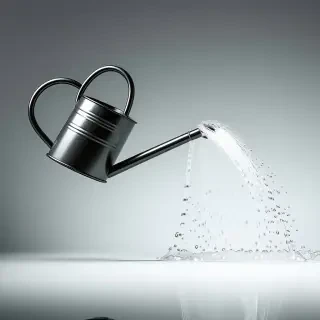 A metal watering can with a long spout, pouring water out in a wide arc, against a plain white background, in a full-body view with the can's handle and feet visible, in a digital art style with bold lines and vibrant colors, with a shallow depth of field and a slight glow effect on the water