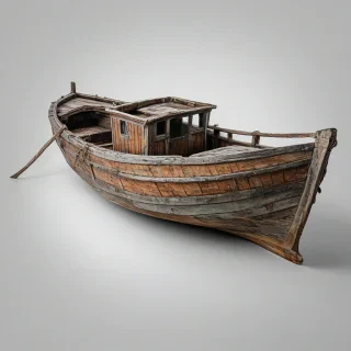 A single, old, worn, wooden boat with a D&D style, fantasy, medieval, rustic, and distressed appearance, in a full-body view, on a plain white background, with the boat having an old, rusty engine on it, the wood grain visible, in a wide shot, with the boat's hull and keel visible, on a plain white background, even lighting