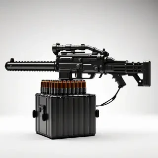 A futuristic chainsaw with a grenade launcher barrel instead of a saw blade, attached to a belt of grenades fed from a large box magazine underneath, on a plain white background, in a wide shot with the entire device visible, with a metallic finish and a sense of ruggedness, in a digital art style with bold lines and vibrant colors