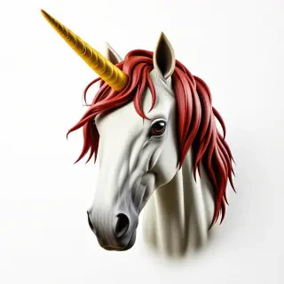 A unicorn head. The unicorn head has sharp teeth and its mane is read and it's fur is yellow