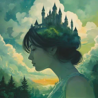 Double exposure portrait of a woman's head in profile, filled with a surreal dreamscape featuring a majestic Syd Mead art style castle nestled in clouds and lush green forests, detailed, sunrise, atmospheric lighting, high resolution, no humanistic qualities, only show the surrealist landscape in the silhouetted shape of the head, watercolor art style, no face, her head is the landscape