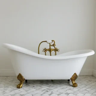 brass clawfoot bathtub, wide angle shot, bright lighting, on a plain white background, even lighting
