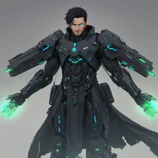 Digital anime man wearing a futuristic black mech suit, the suit has small green lights on it, the suit also has large guns mounted on the shoulders, the man has black hair and bright blue eyes and a sly smirk, he is wearing a tattered and flowing black cape with skull designs on the inner side
