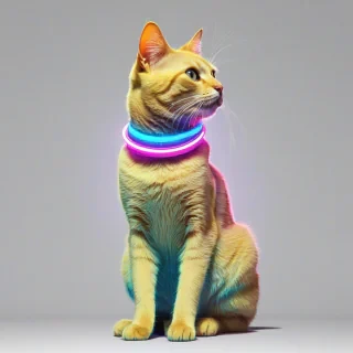 a full-body view of a pet, Mustard, a retro-futuristic synthwave-inspired cat with neon accents and a futuristic cityscape background, on a plain white background, in a wide shot, with vibrant colors and dynamic lighting, in the style of a digital illustration, on a plain white background, even lighting