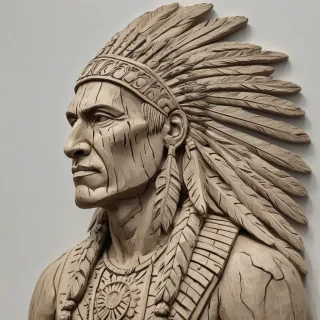 wood carving of Native American with mohawk, on a plain white background, even lighting