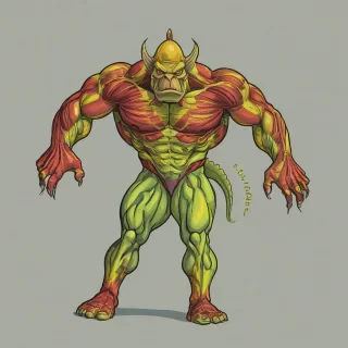Hand- drawn cartoon style slight yellow-green colored muscular fish headed human, with bulging muscles, with red yellow eyes, with bold lines, vivid colors, bright lighting, wide angle shot, feet visible, on a plain white background, even lighting