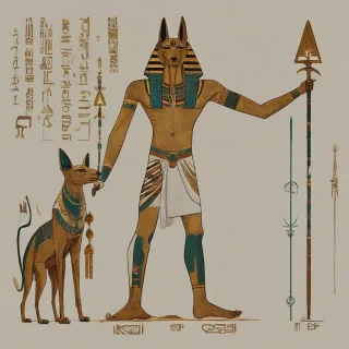 A full-body view of an Egyptian mythological creature, specifically an Anubis, with the body of a jackal and the head of a man, standing on a plain white background, with intricate hieroglyphics and golden accents, in a digital art style with bold lines and vibrant colors, wide shot with feet visible, on a plain white background, even lighting, on a plain white background, even lighting 