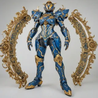 A full-body view of a highly detailed, Steel Blue, Rococo style mech suit, with intricate gold accents and ornate filigree, set against a plain white background, with a wide-angle shot and dynamic lighting, showcasing the suit's complex mechanical components and elegant design, on a plain white background, even lighting 