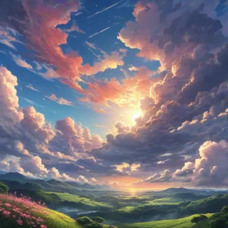 peaceful anime scene of the sky with bright colorful clouds with a sunrise and a pretty landscape below