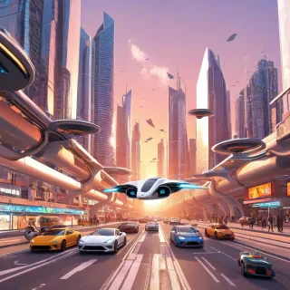 A vibrant digital collage of a futuristic cityscape at sunset, with sleek skyscrapers and flying cars, in a wide shot with a plain white background, created in a futuristic digital art style with bold lines and bright colors, full-body view of the city