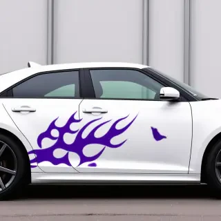 a white car with purple flames painted on it in an orange color