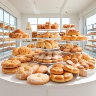 A bakery, warm and inviting, with a wide variety of sweet and savory pastries, bread, and cakes, in a full-body view, on a plain white background, with a wide-angle shot, and soft, natural lighting, in the style of a colorful digital illustration
